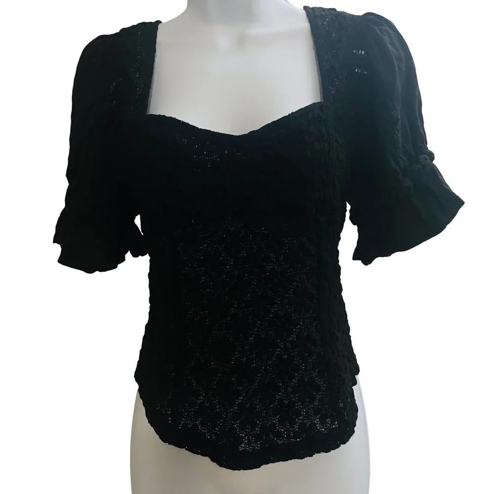 Free People Womens Y2K Whimsigoth Romantic Lace Eyelet Top S Black Boho Witchy